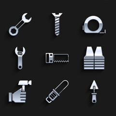 Set Hand saw, Chainsaw, Trowel, Safety vest, Hammer, Adjustable wrench, Roulette construction and Wrench spanner icon. Vector