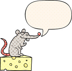 cartoon mouse sitting on cheese with speech bubble in comic book style