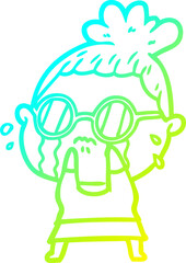 cold gradient line drawing of a cartoon crying woman wearing sunglasses