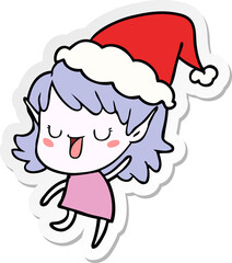 hand drawn sticker cartoon of a elf girl wearing santa hat