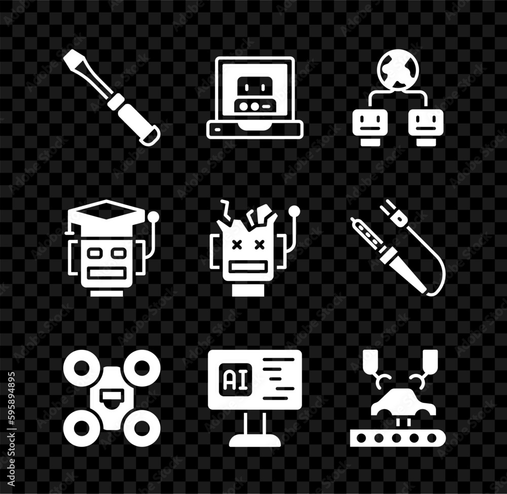 Poster set screwdriver, creating robot, artificial intelligence, drone, software, robotic arm factory, and 
