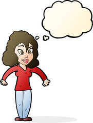 cartoon woman shrugging shoulders with thought bubble