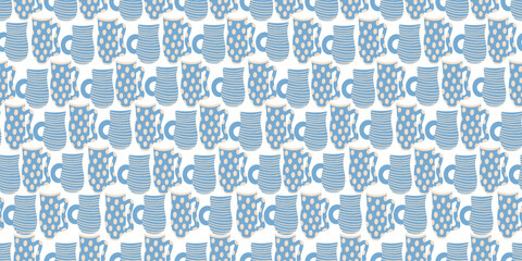 Vector seamless pattern with blue mugs on white background. Great for linens, tablecloths, wallpapers, covers.