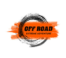 Offroad sport grunge banner. Extreme off road racing icon with car tire race, auto dirty wheels marks. All terrain vehicle road travel, rally or motocross racing vector emblem or sign with tire tracks