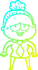 cold gradient line drawing of a cartoon happy old lady