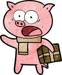 cartoon pig with christmas present