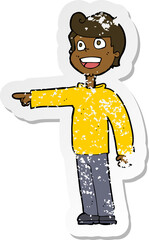 retro distressed sticker of a cartoon man pointing and laughing