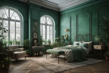 Fototapeta na wymiar 3D render of a vintage bedroom with a green color scheme. Generative AI