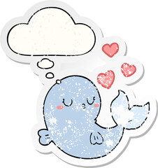 cute cartoon whale in love with thought bubble as a distressed worn sticker