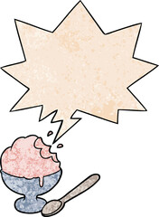cartoon ice cream dessert in bowl with speech bubble in retro texture style