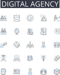 Digital Agency line icons collection. Creative Studio, Marketing Firm, Technology Company, Design Agency, Social Media, Branding Expert, Advertising Agency vector and linear illustration. Web