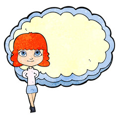 cartoon woman in front of cloud with space for text
