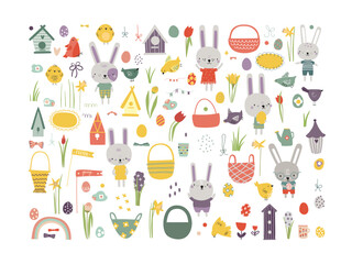 A large set of clipart on a spring theme. Hares, birds, baskets, flowers, eggs, bird houses, decor elements. Cute illustration for card design, greeting email, invitation design, announcement.