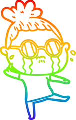 rainbow gradient line drawing of a cartoon crying woman wearing spectacles