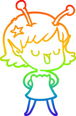 rainbow gradient line drawing of a happy alien girl cartoon