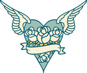 iconic tattoo style image of a flying heart with flowers and banner