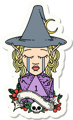 sticker of a crying elf mage character face with natural one D20 roll