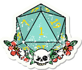 grunge sticker of a natural one dice roll with floral elements