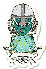 Retro Tattoo Style half orc fighter with natural twenty dice roll
