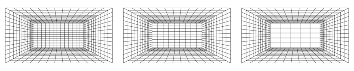 Cyber grid set. Retro punk perspective rectangular tunnels. Vector illustration