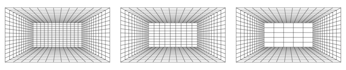 Cyber grid set. Retro punk perspective rectangular tunnels. Vector illustration