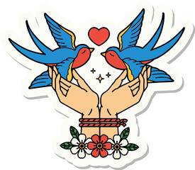 sticker of tattoo in traditional style of tied hands and swallows