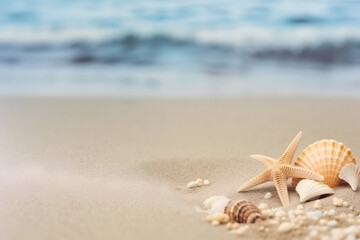 Fototapeta na wymiar Seashells on sand at beach, Generative AI