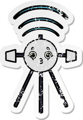 distressed sticker of a cute cartoon satellite