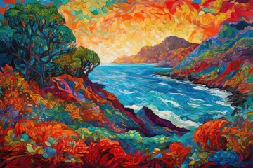 Fototapeta na wymiar Hawaiian landscapes rendered in bright abstract pointillist style, with dabs of color merged together to form volcanic cliffs, palm groves, ocean waves and sunsets. Generative AI