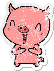 distressed sticker of a happy cartoon pig