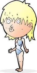 cartoon woman in swimsuit shrugging shoulders