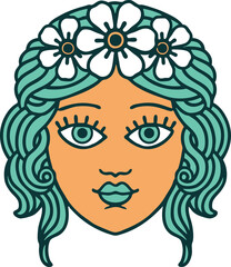 iconic tattoo style image of female face with crown of flowers