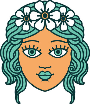 iconic tattoo style image of female face with crown of flowers
