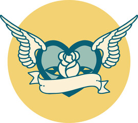 iconic tattoo style image of a flying heart with flowers and banner