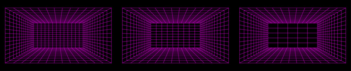 Set of cyber grid. Retro punk perspective rectangular tunnels. Vector illustration