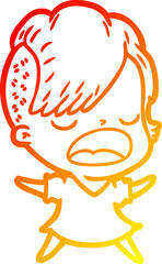 warm gradient line drawing of a cartoon cool hipster girl talking