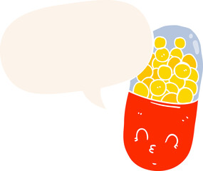 cartoon pill with speech bubble in retro style