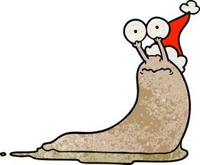 hand drawn textured cartoon of a slug wearing santa hat