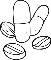 freehand drawn black and white cartoon pills