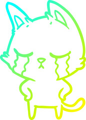 cold gradient line drawing of a crying cartoon cat