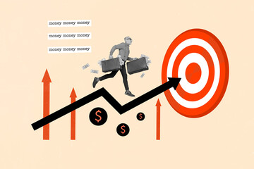Creative collage picture of mini black white gamma man hold money bags run growing arrow darts...