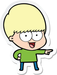 sticker of a happy cartoon boy pointing