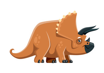 Cartoon Triceratops dinosaur character. Extinct lizard, paleontology Jurassic era animal. Prehistoric wildlife creature, herbivorous Triceratops dinosaur vector cute personage with frill and horns