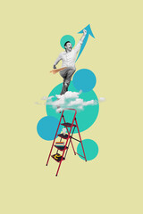 Vertical collage image of black white colors mini man climb ladder clouds sky growing arrow upwards...