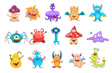 Monsters, cartoon cute funny characters and alien animals with happy face. Vector scary little creatures and comic mutant mascots with smile, devil troll or silly goblin and furry monster gremlins © Vector Tradition