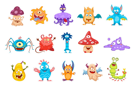Monsters, cartoon cute funny characters and alien animals with happy face. Vector scary little creatures and comic mutant mascots with smile, devil troll or silly goblin and furry monster gremlins