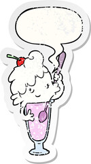 cartoon ice cream soda girl with speech bubble distressed distressed old sticker