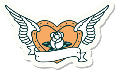 sticker of tattoo in traditional style of a flying heart with flowers and banner