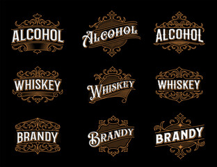 Vintage alcohol labels. Whiskey, brandy badge flourish embellishments, craft alcohol drink or beverage bottle ornamental decoration, classic labels. Restaurant bar, pub or distillery vintage emblem
