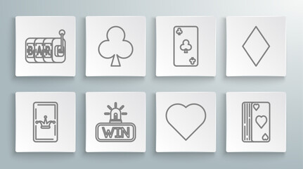 Set line Joker playing card, Playing with clubs symbol, Casino win, heart, Deck of cards, diamonds and Slot machine icon. Vector